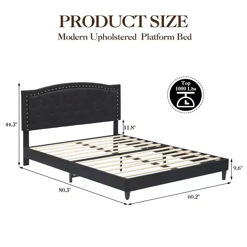 Full Size Upholstered Bed Frame with Adjustable Headboard Button-Tufted Wing Back Headboard