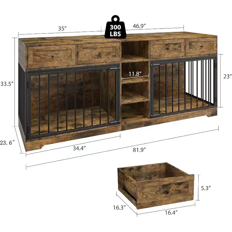 82 Double Dog Crate Furniture, Large Dog Kennel Indoor for 2 Dogs, Heavy Duty Wooden Dog Crate TV Stand with 4 Drawers and Shelves