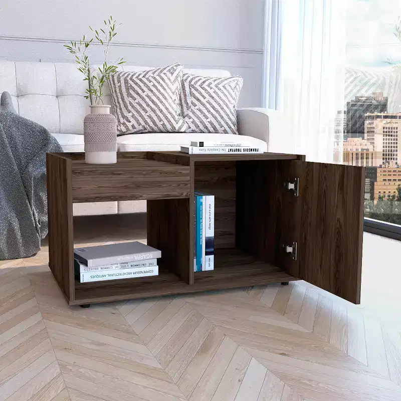 Lyon Dark Walnut Coffee Table, Single Door Cabinet One Open Shelf Ample Surface Display Table for Living Room