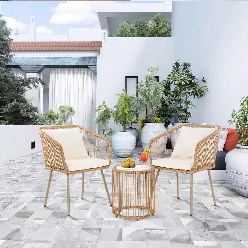 BestMassage 3-Piece Outdoor PE Rattan Bistro Furniture Set with Glass Coffee Table Top 2 Chairs, White