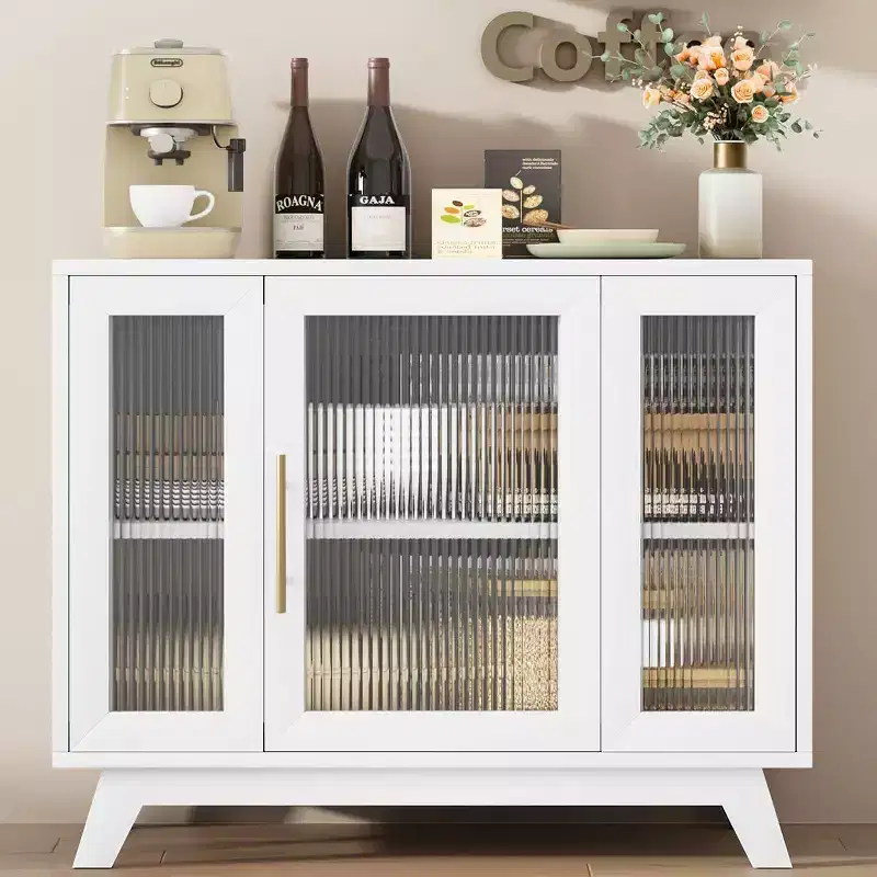 Acekool 35.8 Pure White Sideboard Buffet Cabinet, Fluted Glass Doors, Gold Handle, Adjustable Shelf, Console Table for Kitchen & Living Room