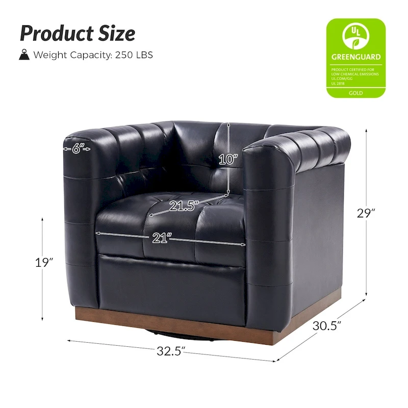JeremiasMid-certury Modern GenuineLeatherTufted SwivelClubChair with Wooden Apron by HULALA HOME