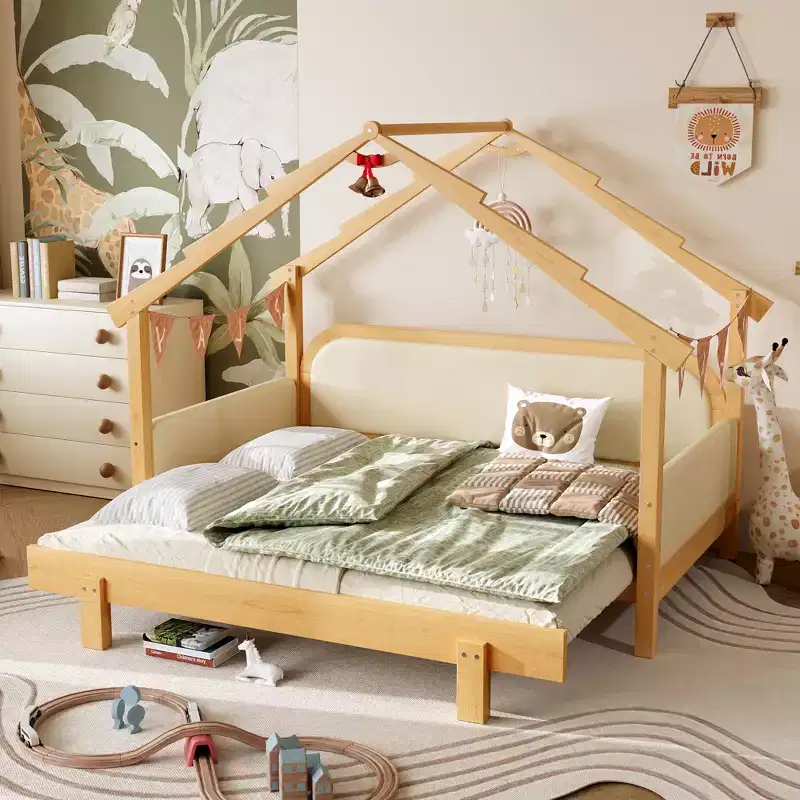 Twin Size Wood Treehouse bed with Soft Cushion Rails,for Kids, Teens, Girls, Boys,White