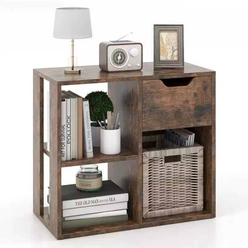 Costway 1/2 PCS 3-Cube Bookshelf 2-Tier Open Shelf Bookcase with Drawer Home Storage Organizer