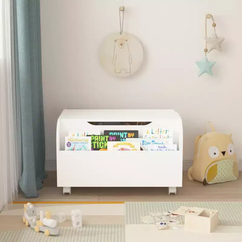 White Kids Toy Box with Bookshelf & Wheels, Flip-Top Lid, for 1 Child