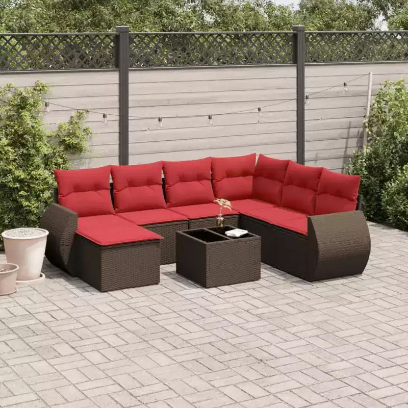 vidaXL 8 Piece Garden Sofa Set with Cushions Brown Poly Rattan - Brown and Red With Table
