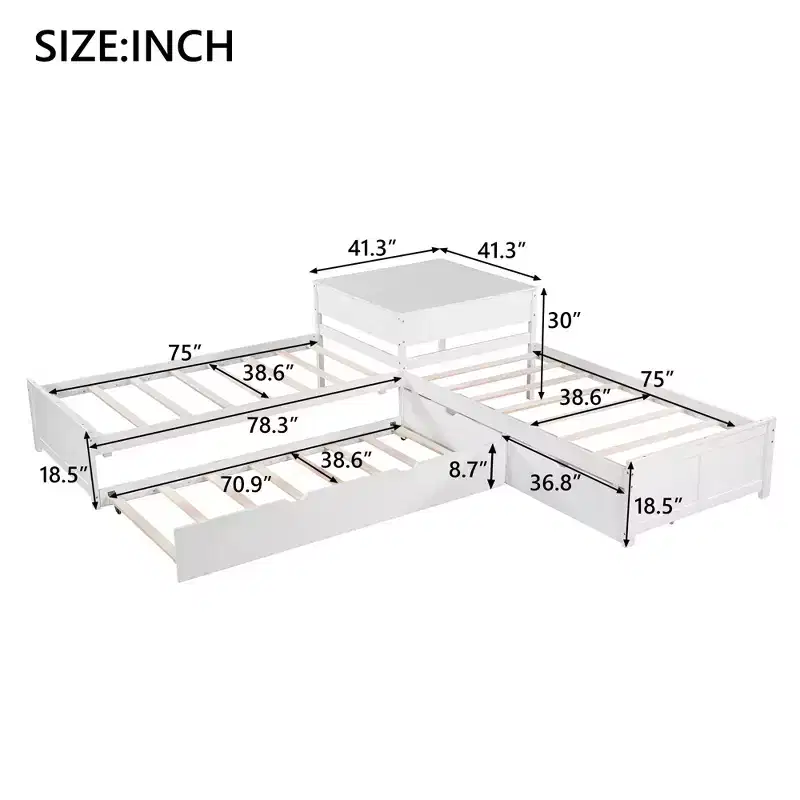 L-shaped Platform Bed with Trundle and Drawers Linked with Built-in Desk, Twin, White