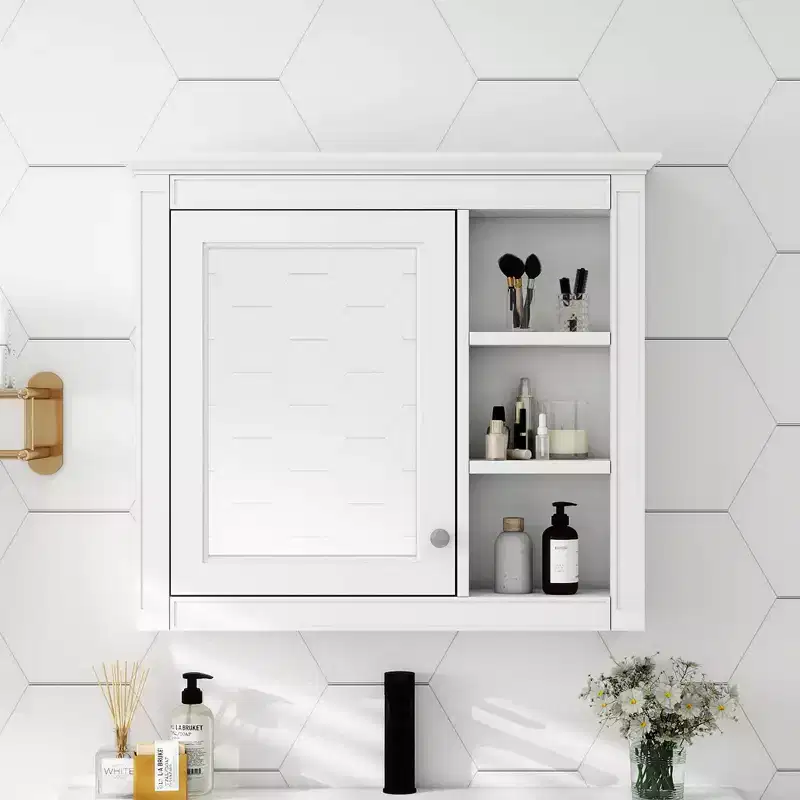 MAYEERTY 28 Medicine Cabinet, Wall Mounted Bathroom Storage Cabinet with Mirror 3 Open Shelves Modern White