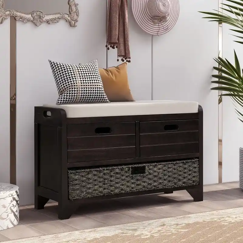 White Washed / White / Navy / Espresso Entry Bench with Cushion, 2 Drawers & Basket — Seats 1