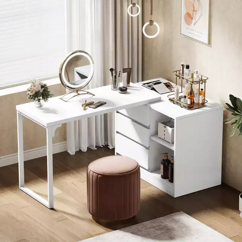 L-Shaped Computer Desk with Drawers and Shelves