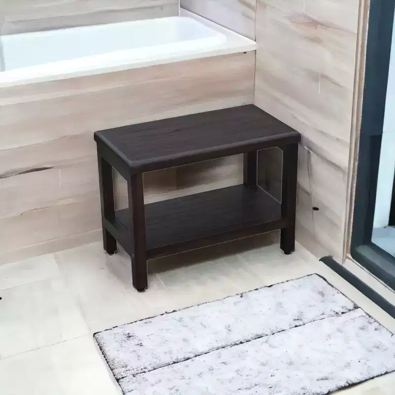 HomeRoots Rectangular Teak Shower Bench With Shelf In Brown Finish