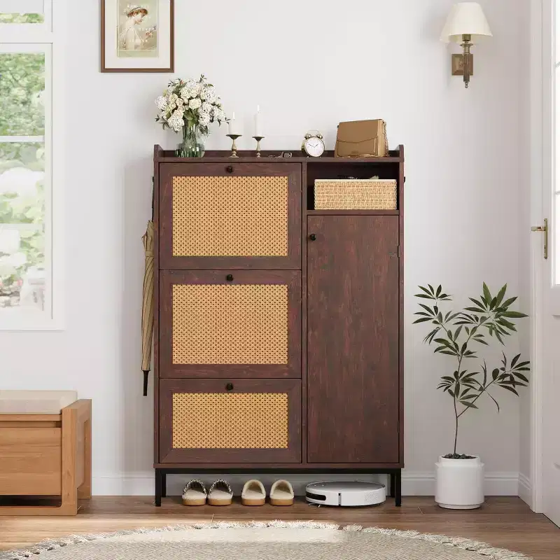 Entryway Rattan Shoe Cabinet with 3 Flip Drawers, 3-Tier Wood Shoe Rack Storage Cabinet with Adjustable Shelves, Freestanding Shoe Storage Organizer