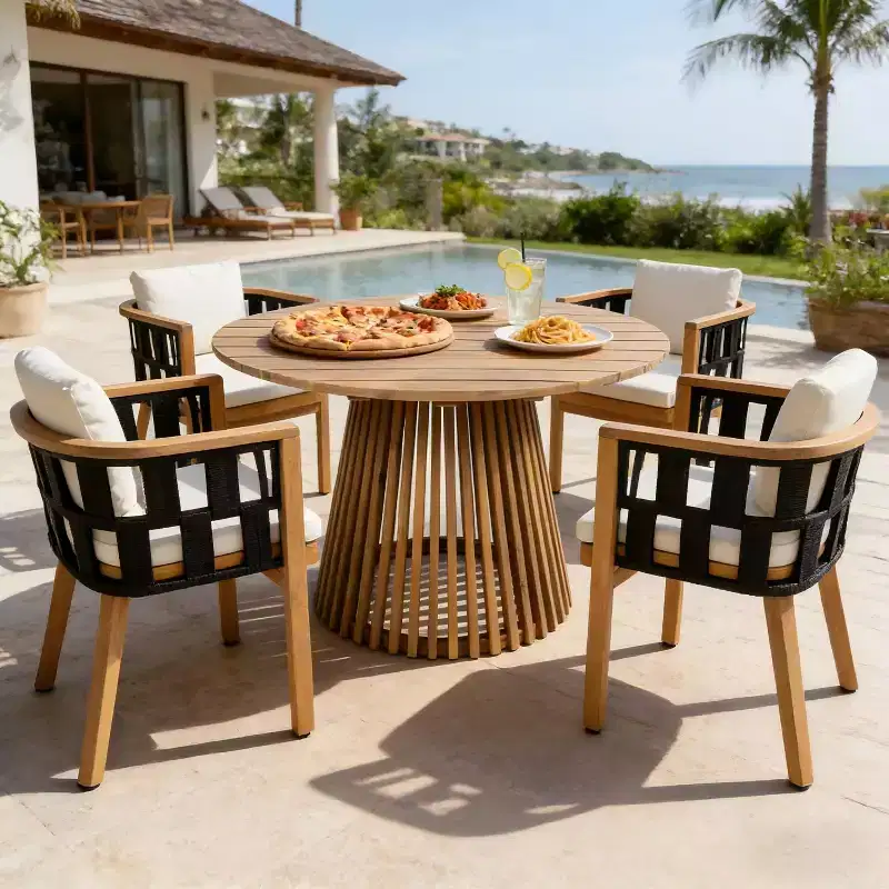 Christopher Knight Home Siddharth Modern 5 Piece Acacia Wood Patio Dining Set with Round Slatted Table