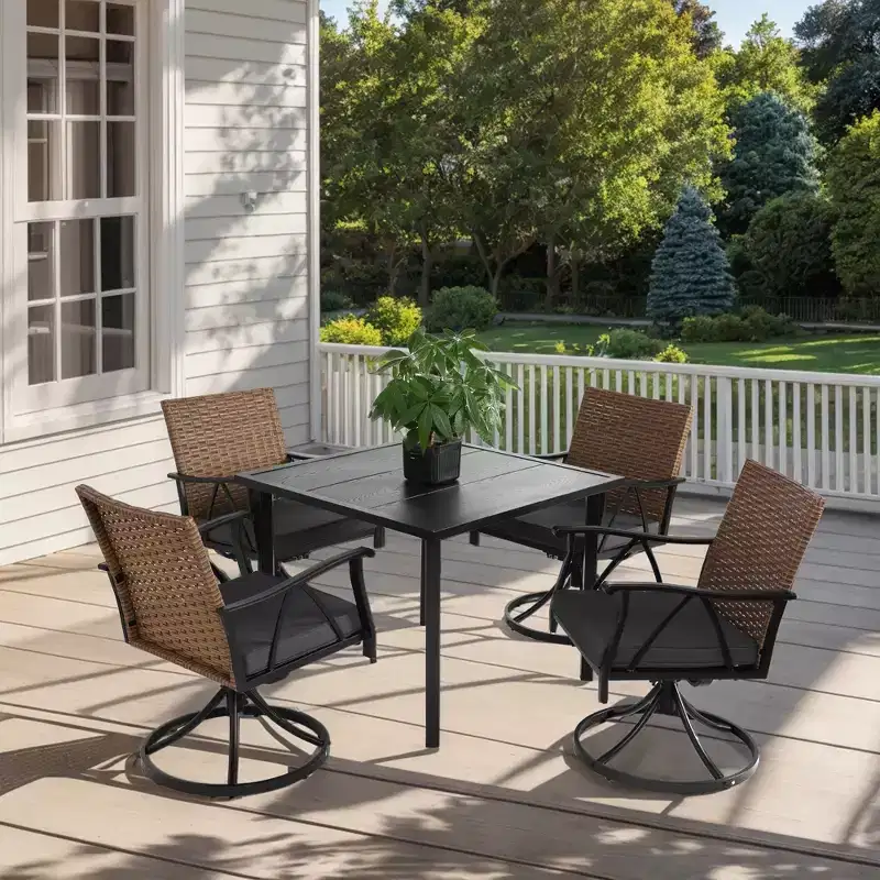 5 Piece Outdoor Wicker Patio Dining Set with Swivel Rocker Chairs for Backyard Garden Deck Poolside