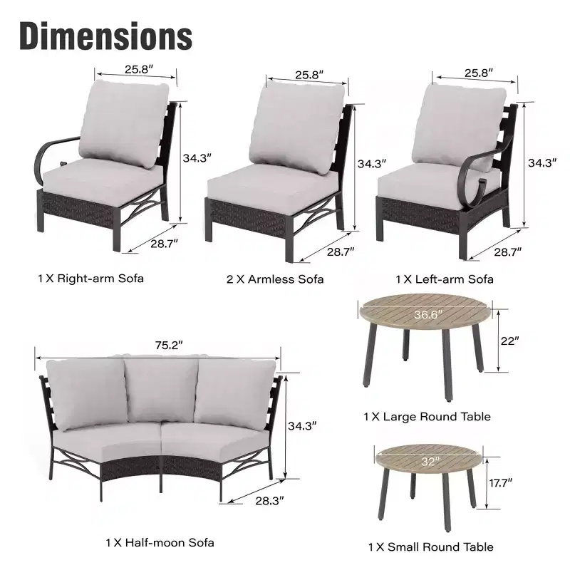Captiva Designs 8pc Outdoor Half-Moon Sectional Patio Conversation Sets with 2 Round Table for Garden, Poolside, Balcony, Backyard