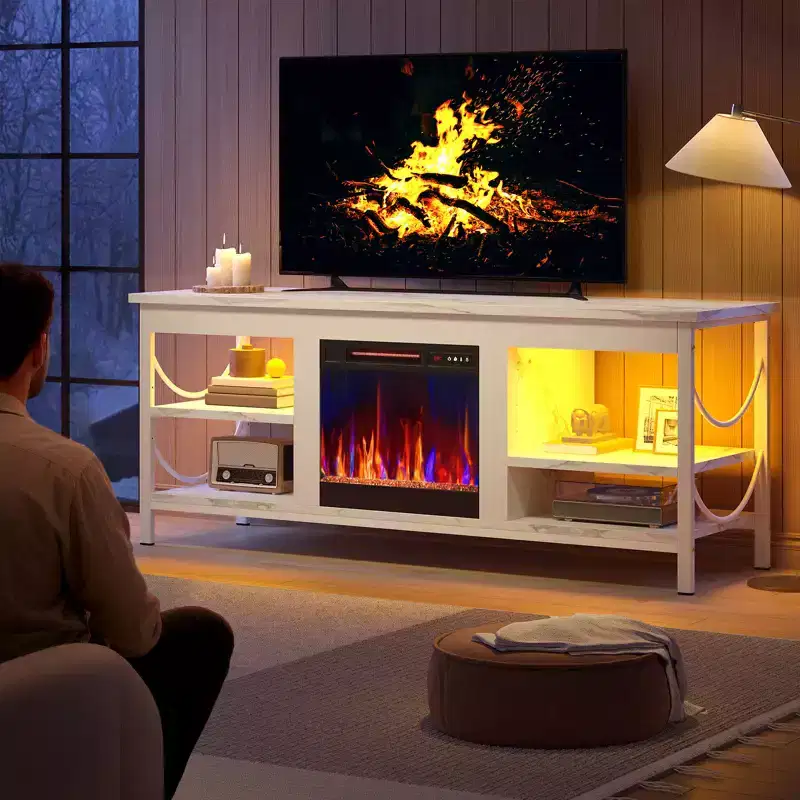 Pinmoco 55 Inch TV Stand with Electric Fireplace, Gaming Entertainment Center with LED Lights and Shelves, FitsTVs up to 65