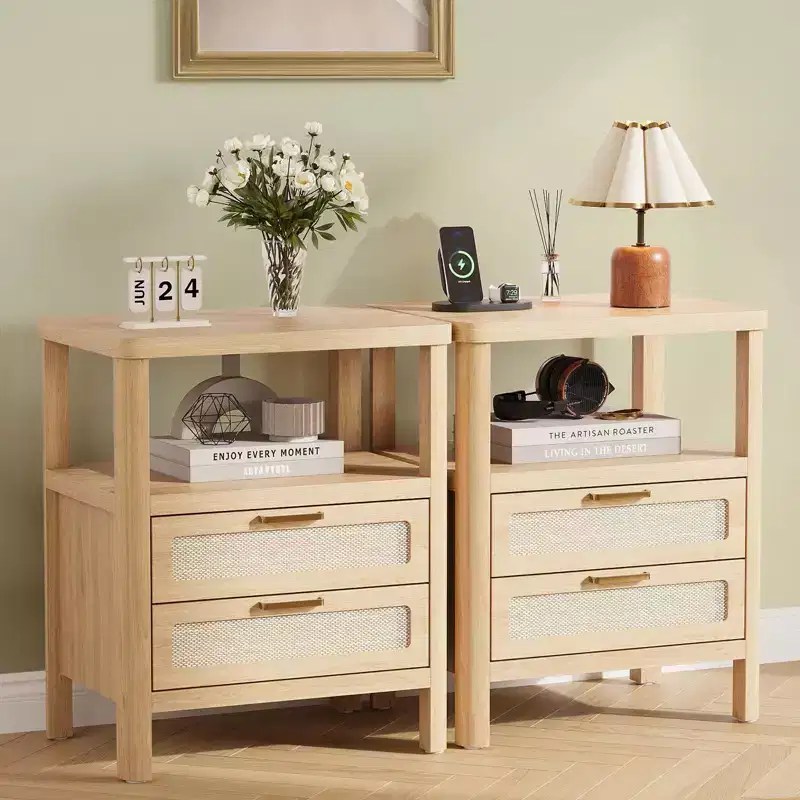 COZONY Nightstand Set of 2, Rattan Bedside Tables with Drawers and Storage Shelf, Narrow Farmhouse Side Tables for Bedroom