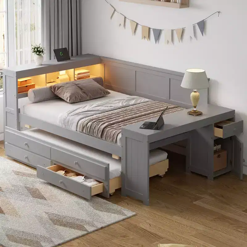 Whisen Full Size Daybed & Platform Bed with Storage Shelves, Drawers, Trundle, Desk and Cabinet