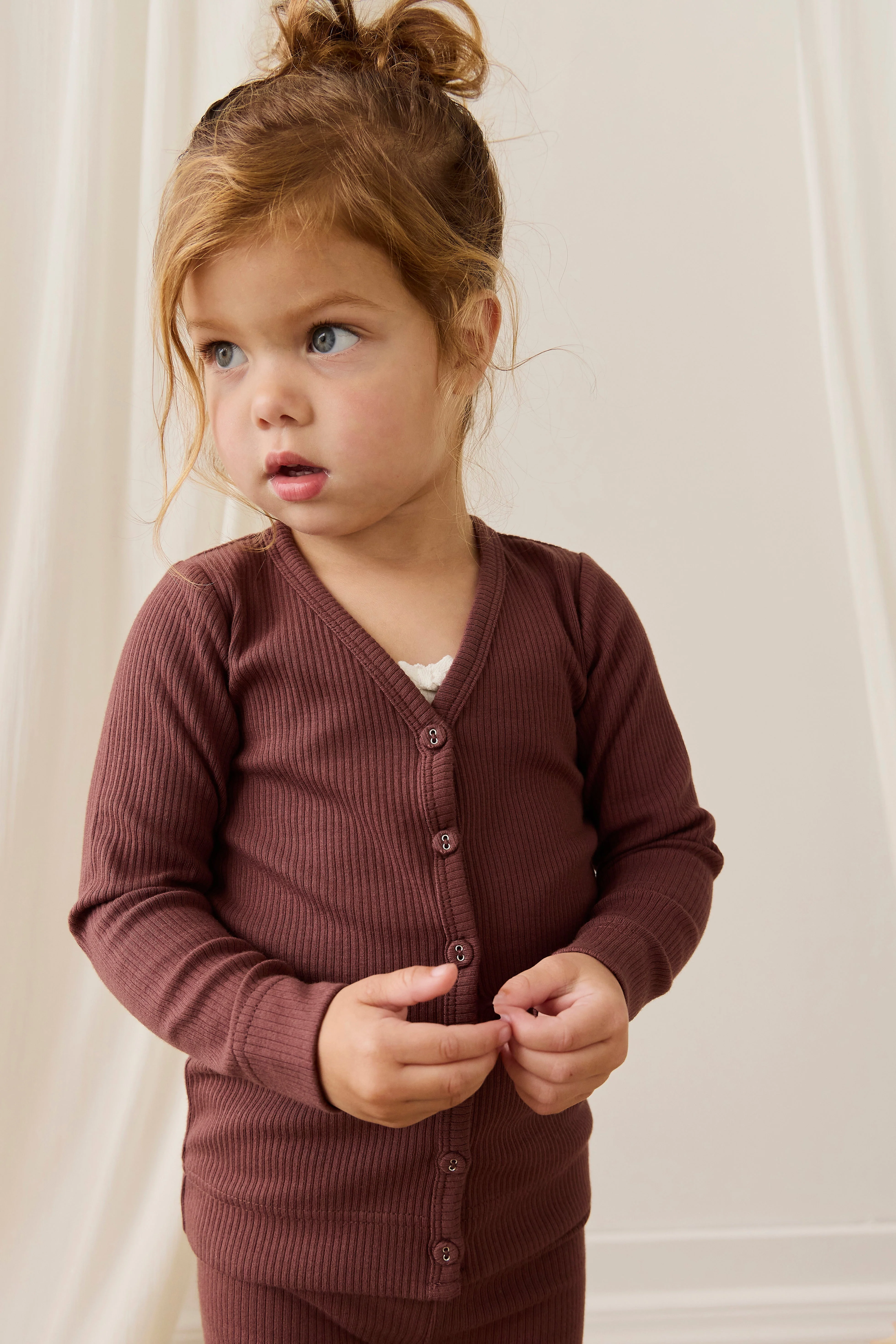 Earthy Burnt Cinnamon Ribbed Organic Cotton-Modal Cardigan with Button Front for Layering Girls 0M–10Y