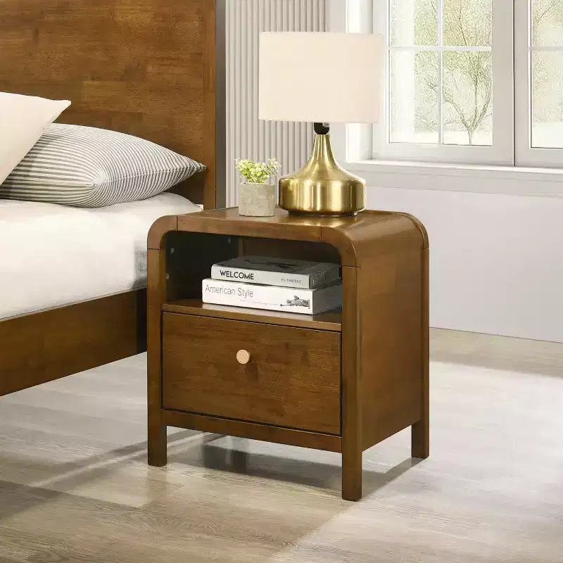 Wood Nightstand with Solid Rubberwood Frame