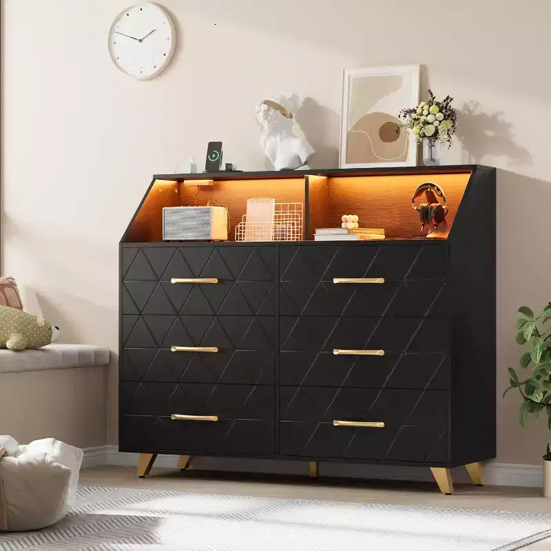 CuisinSmart 6 Drawer Dresser, Wooden Dresser with Charging Station, Modern Storage Cabinet Chests TV Stand of Drawers for Living Room