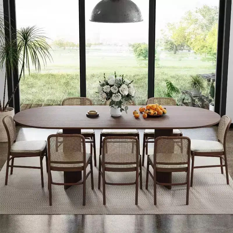 79 x 33.5 Solid Wood Farmhouse Dining Table with V-Shaped Legs and Oval Wood Top for Modern Dining Rooms & Family Gatherings Walnut