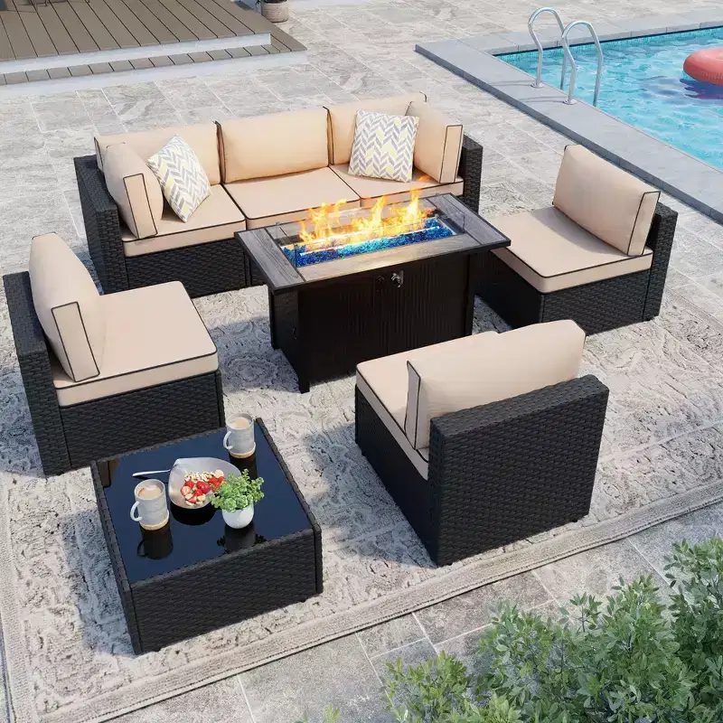 Celebalcony 8-Piece Black Frame Outdoor Patio Sectional Seating Group with Fire Pit Table
