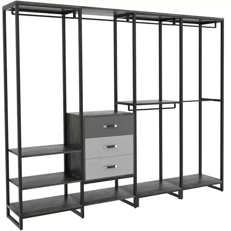 Besiost 74-In Closet Organizer System with Wood Drawers, Freestanding Corner Garment Rack with Hanging Rods