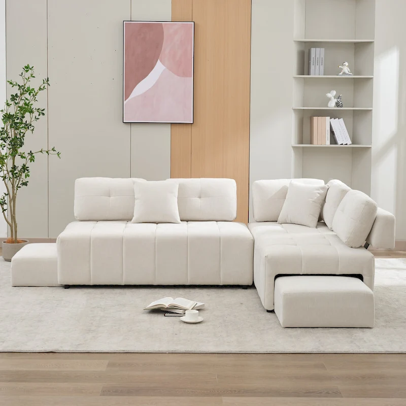 91.73 L-Shaped 4-Seat Sectional Sofa with 2 Hidden Stools, 2 Removable Lumbar Cushions, and Durable Chenille Fabric