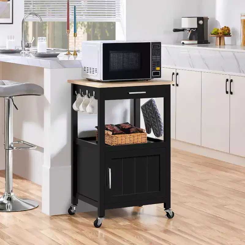 Rolling Kitchen Island Trolley Cart with Open Shelf and Storage Cabinet