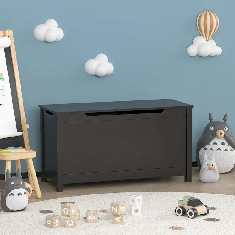 Kids Wooden Toy Box Storage with Safety Hinged Lid for Ages 3+