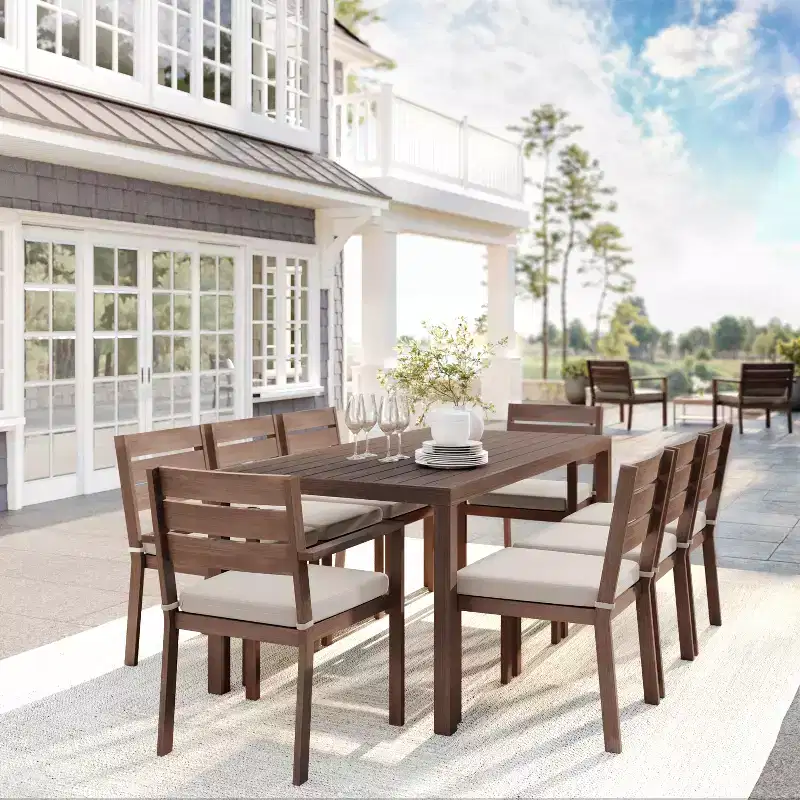 Martha Stewart Bedford Indoor-Outdoor Patio Set with 71 Table and 8 Dining Chairs with Brushed Woodgrain Aluminum Finish and All-Weather Seat Cushion
