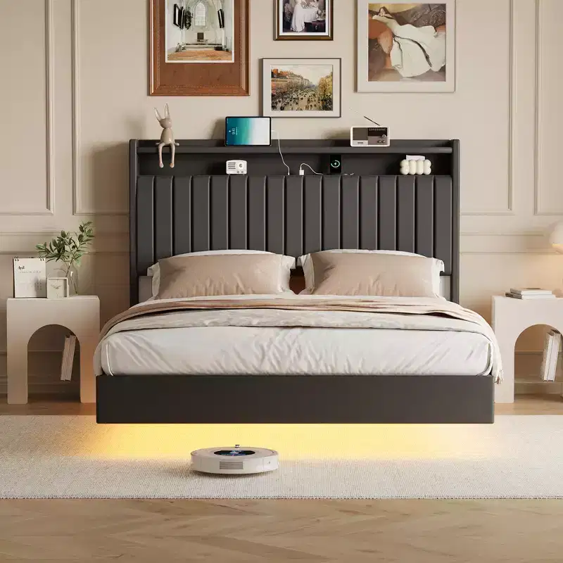 Whizmax Floating Bed Frame with RGB LED Lights & Charging Station, Upholstered Platform Bed Frame with 50Tall Storage Headboard
