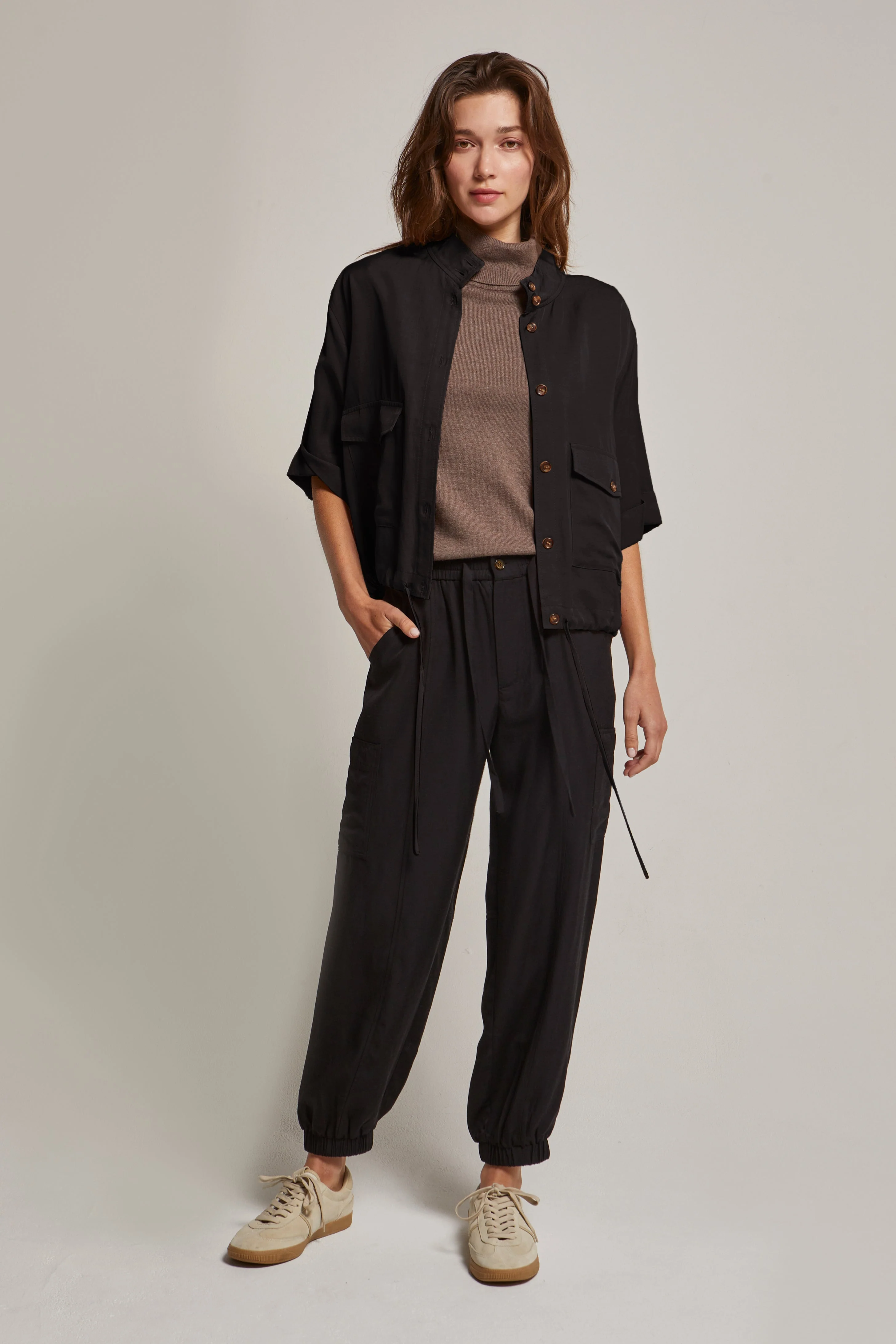 Lightweight Utility Jacket Short Sleeve Button Front Drawstring Hem