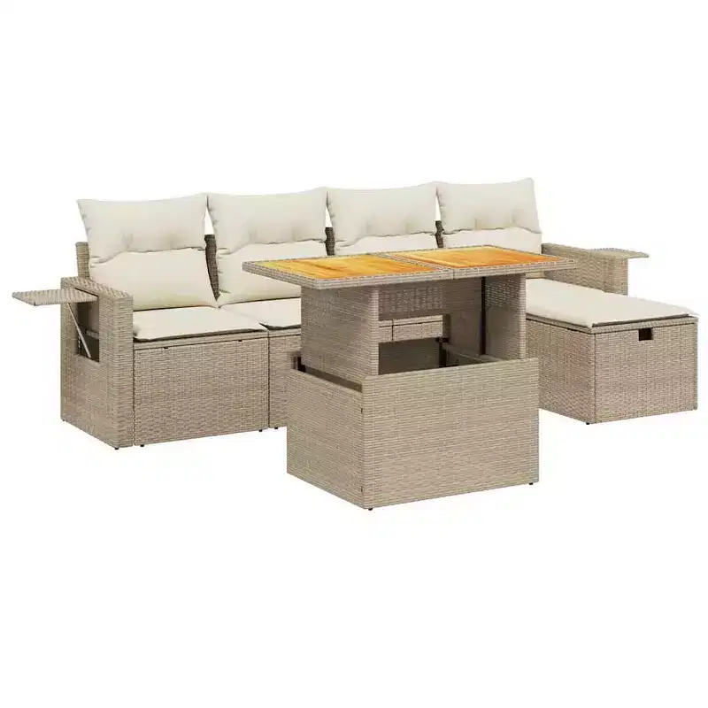vidaXL 6 Piece Patio Sofa Set with Cushions Poly Rattan and Acacia