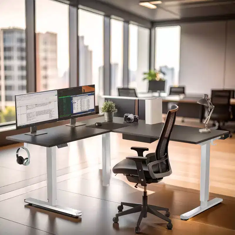 Mount-It! XL Electric Height Adjustable Corner Standing Desk, White Frame and Black Tabletop