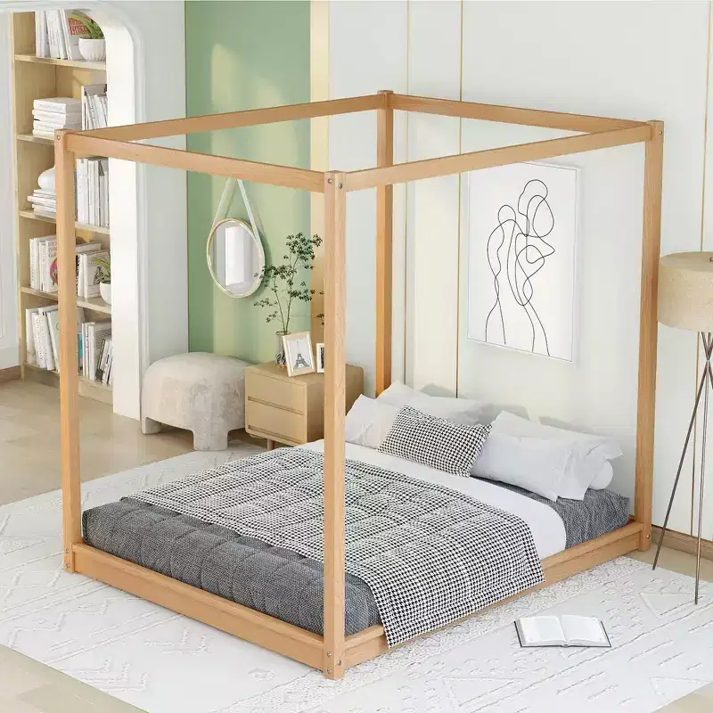 Canopy Bed Wood 4 Poster Panel Beds, Floor Bed Frame with Solid Wood Slat Support