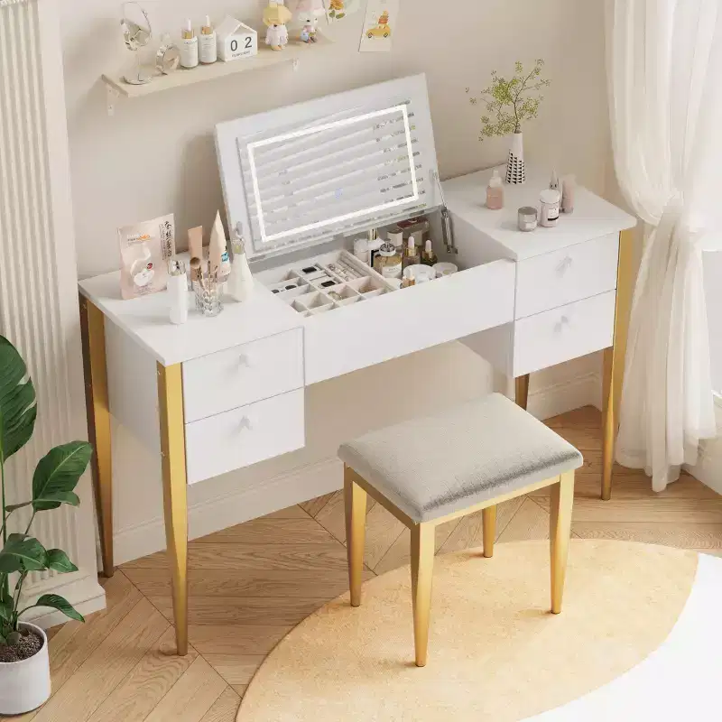 Makeup Vanity Desk with Mirror and Lights, 3 in 1 Make Up Vanity Table with Lighted Mirror, 3 Lighting Mode, Flip Top Vanity Set with Stool