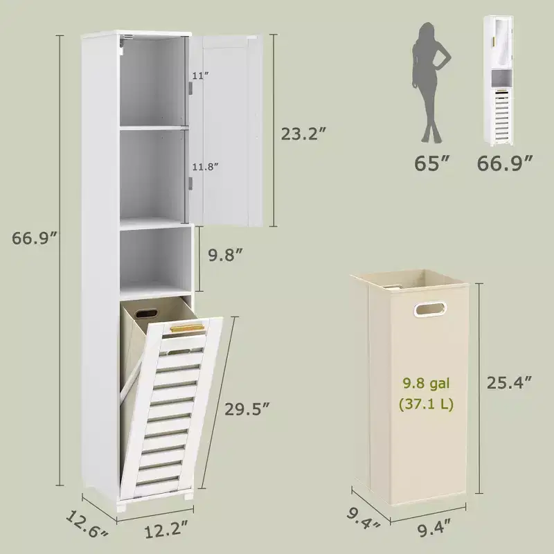 VECELO Tall Bathroom Cabinet With Mirror & Door, Tilt Out Laundry Hamper Cabinet with Removable Laundry Basket, White
