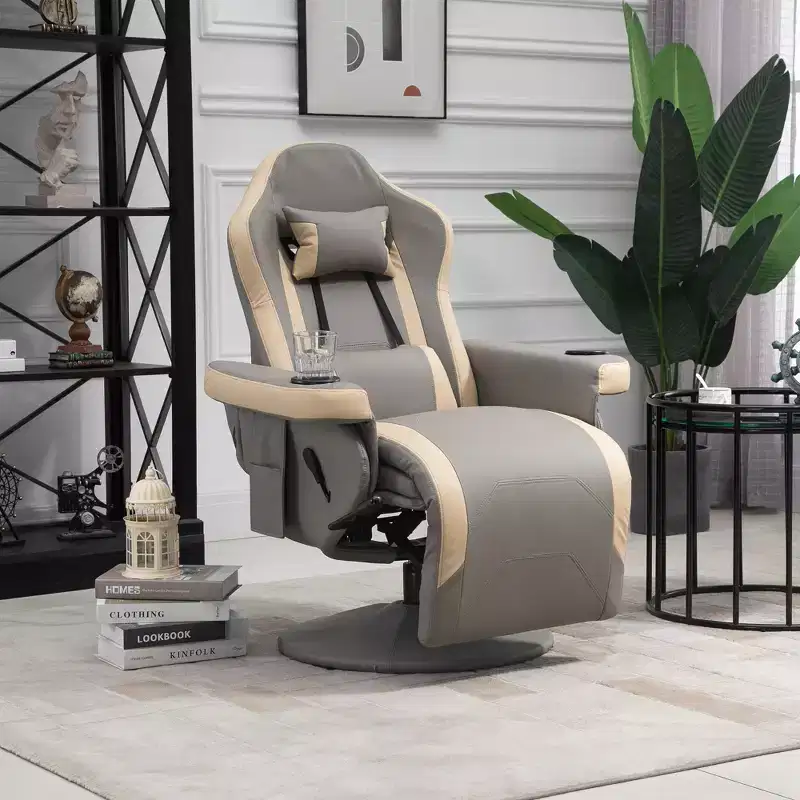 Grey Single-Seat Manual Swivel Recliner Chair with Cup Holder