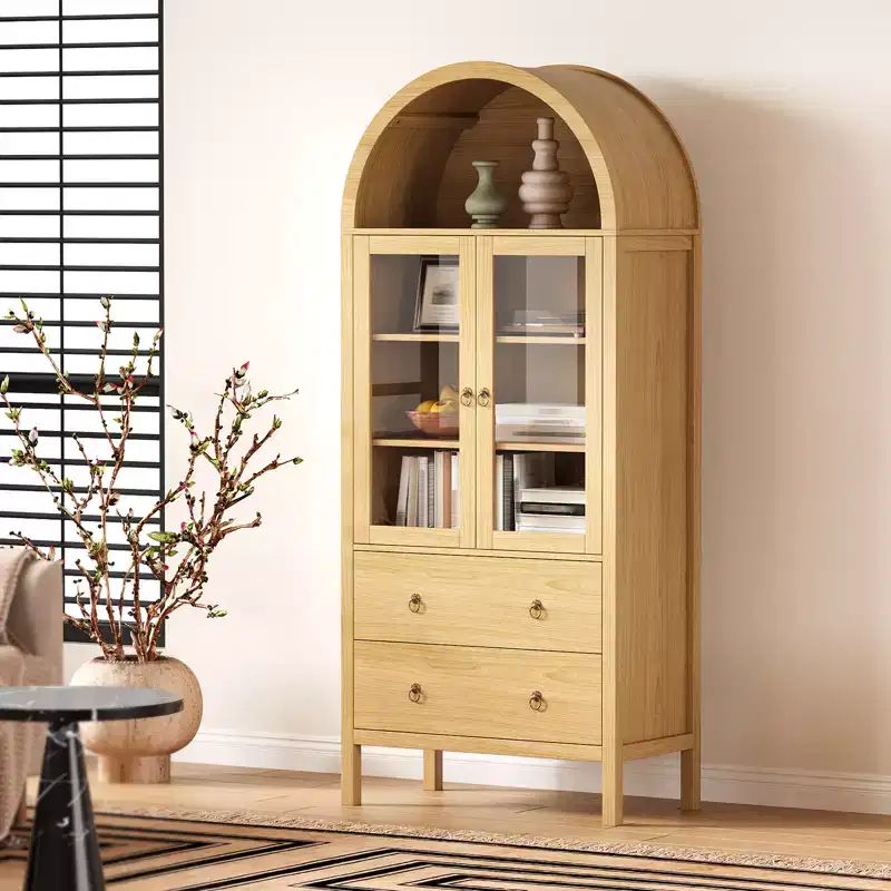 71 Arched Storage Cabinet with Glass Doors, Farmhouse Pantry with 2 Drawers & Adjustable Shelves, for Dining Room, Living Room, Office - Natural