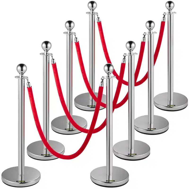 VEVOR Crowd Control Stanchion, Set of 8 Pieces Silver Stanchion Set, Stanchion Set with 5 ft/1.5 m Red Velvet Rope, Crowd Control Barrier, Silver