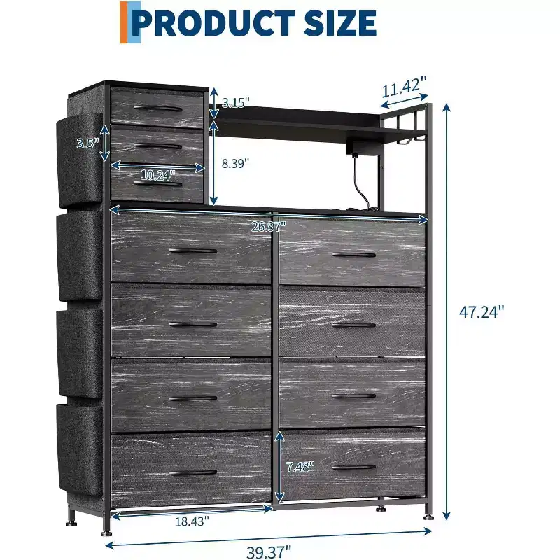 Fabric Dresser with 8+3 Drawers, LED Lights & Charging Station - Includes Wooden Top Shelves, 4 Side Pockets, Hooks & Sturdy Steel Frame
