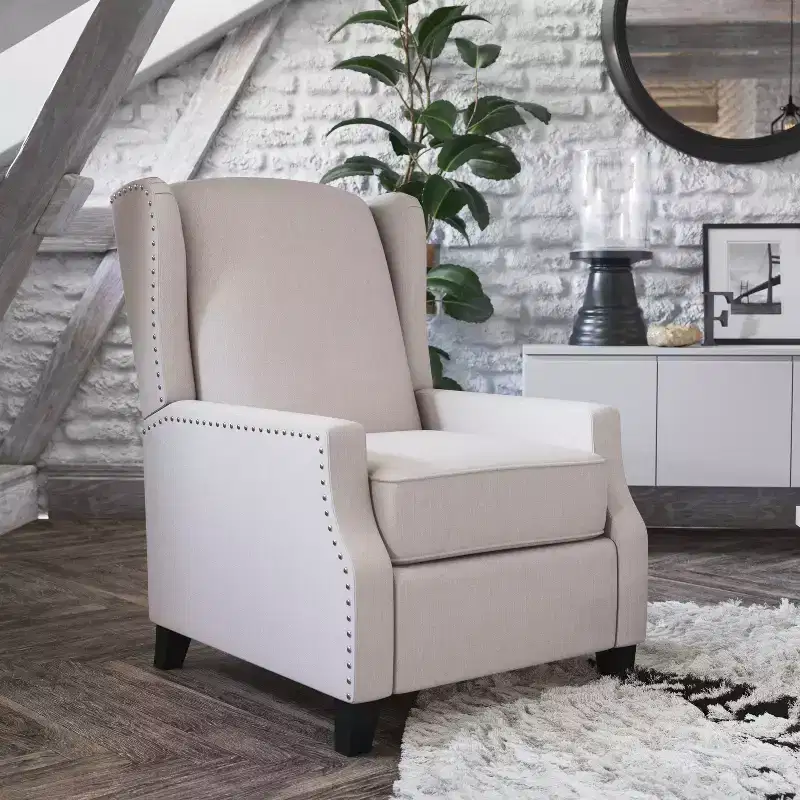 Emma and Oliver Fabric Upholstered Easy Push Back Recliner - Classic Wingback Design with Nailhead Accent Trim and Footrest