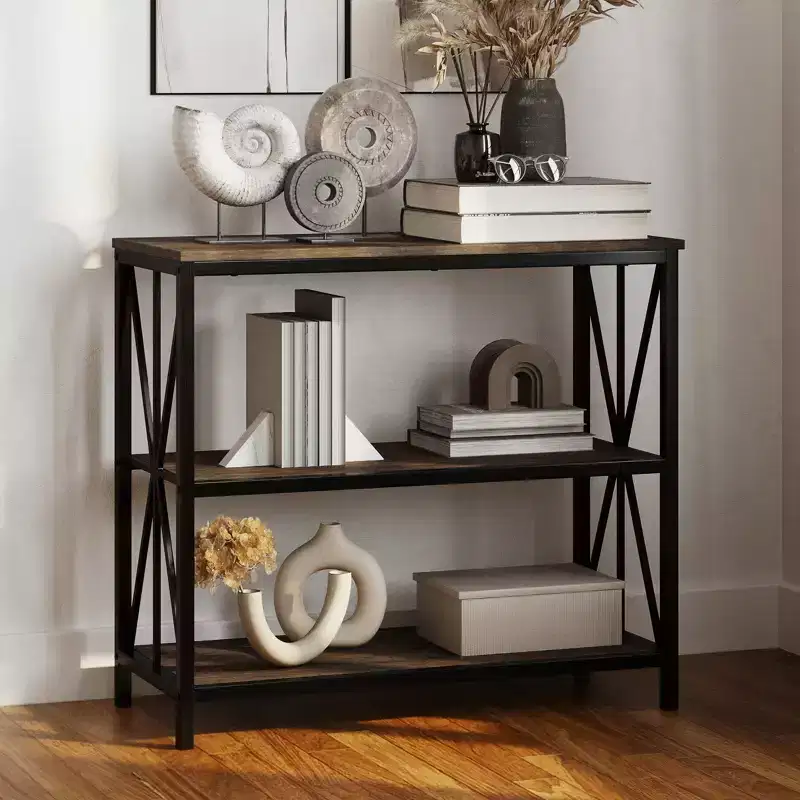 Lavish Home Freestanding 3-Tier Bookshelf  Industrial Wood and Metal Shelving, Brown Woodgrain
