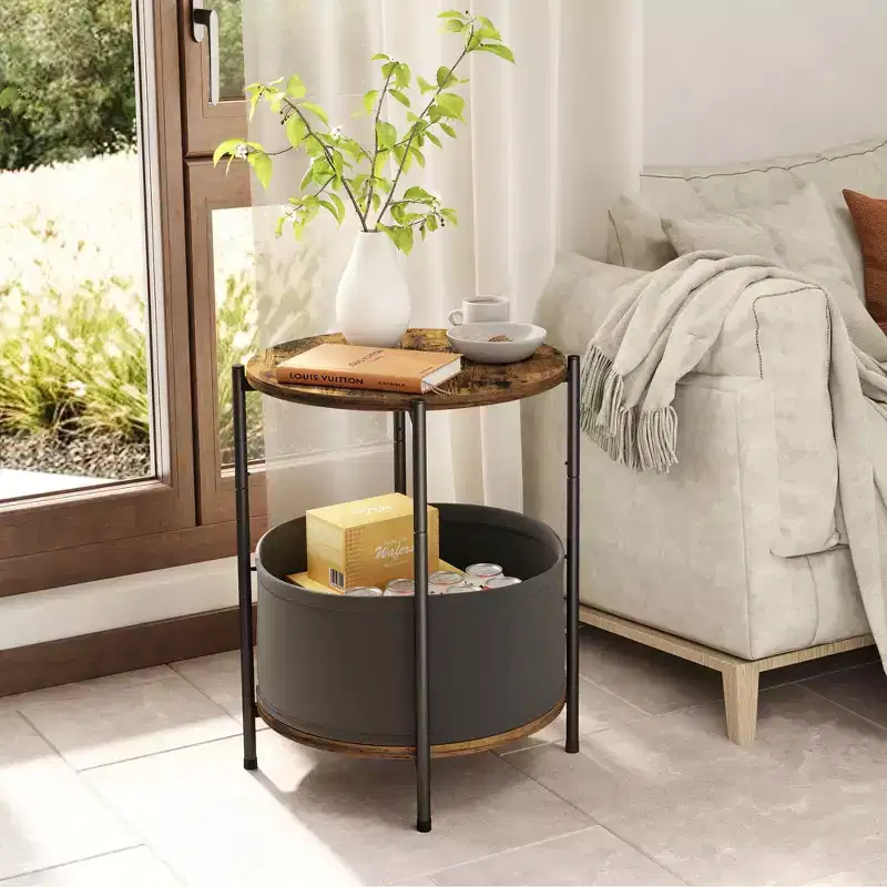 Set of 2 Round Industrial Side Tables with Fabric Storage Baskets