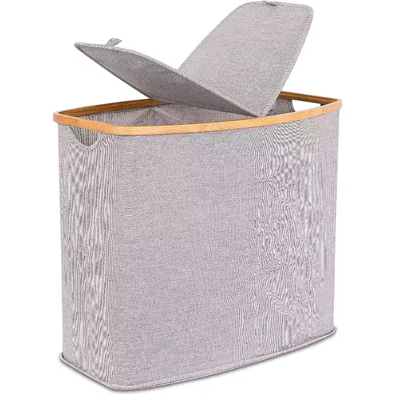 Divided Bamboo & Canvas Hamper - Grey