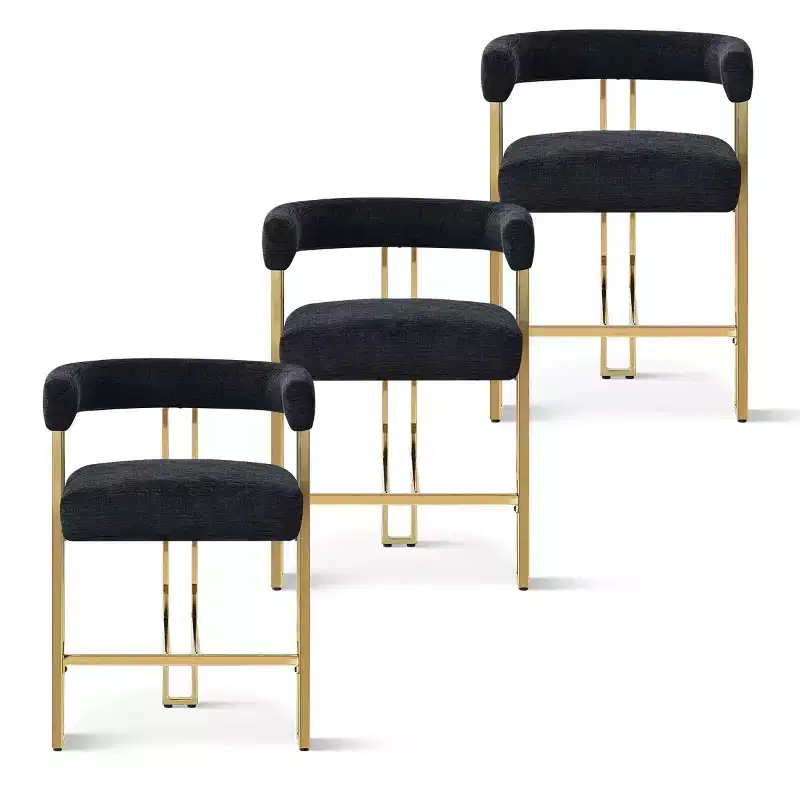 Set of 3 Counter Height Bar Stools with Backs and Arms, Modern Chenille Upholstered Kitchen Island Chairs with Gold Metal Legs - Panipeachy
