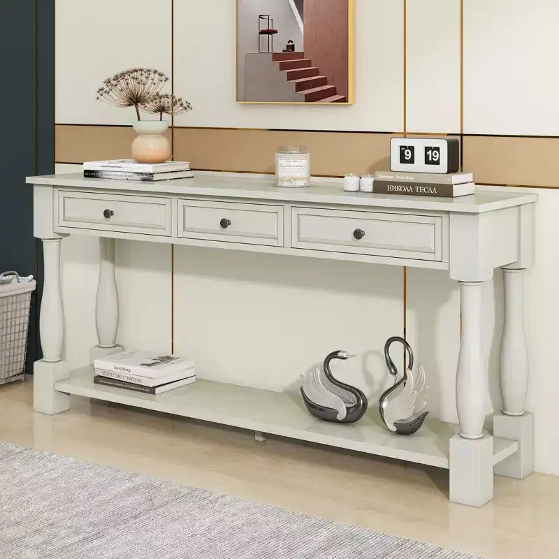 Long Narrow Console Table with Storage, Retro Wood Entryway Table with 3 Drawers and Bottom Shelf, Wood Side Table for Living Room and Hallway