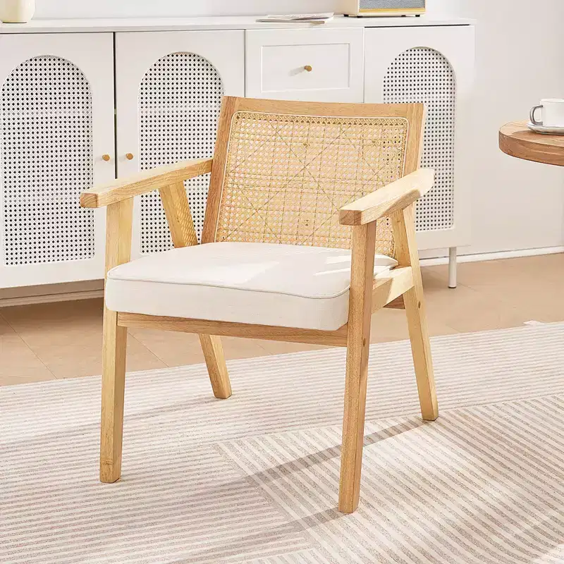 VEVOR Mid Century Modern Rattan Chair, Upholstered Velvet Accent Chair with Rattan Back, Retro Living Room Chair for Living Room, Bedroom, Beige